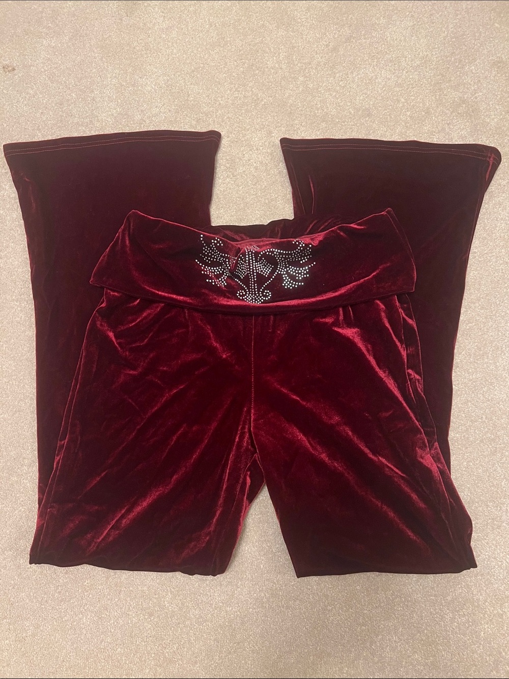 Velvet Stretch Fold-Over Waist Pants in Deep Burgundy